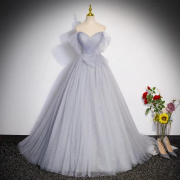 Fine Grå Glitter Ballkjoler 2023 Prinsesse Strapless Uten Ermer Ryggløse Feie Tog Formelle Kjoler