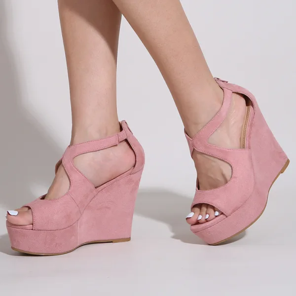 Schöne Rosa Sommer Freizeit Sandalen Damen 2022 Knöchelriemen 12 cm Keilabsatz Peeptoes Sandaletten