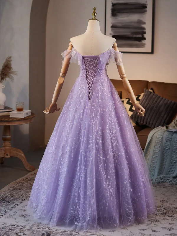Chic / Beautiful Lavender Beading Sequins Prom Dresses 2025 A-Line / Princess Off-The-Shoulder Sleeveless Backless Floor-Length / Long Formal Dresses