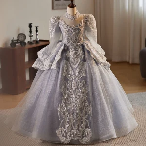 Medieval Grey Beading Pearl Sequins Lace Flower Cascading Ruffles Birthday Flower Girl Dresses 2024 Ball Gown High Neck Long Sleeve Backless Floor Length Long