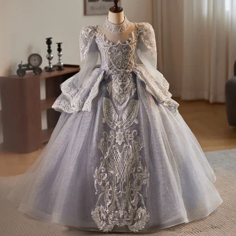 Medieval Grey Beading Pearl Sequins Lace Flower Cascading Ruffles Birthday Flower Girl Dresses 2024 Ball Gown High Neck Long Sleeve Backless Floor Length Long