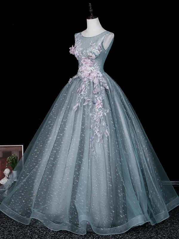 Vintage Taubenblau Spitze Blumen Applikationen Pailletten Ballkleider 2026 Ballkleid Rundhalsausschnitt Ärmellos Rückenfreies