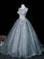 Vintage Taubenblau Spitze Blumen Applikationen Pailletten Ballkleider 2026 Ballkleid Rundhalsausschnitt Ärmellos Rückenfreies