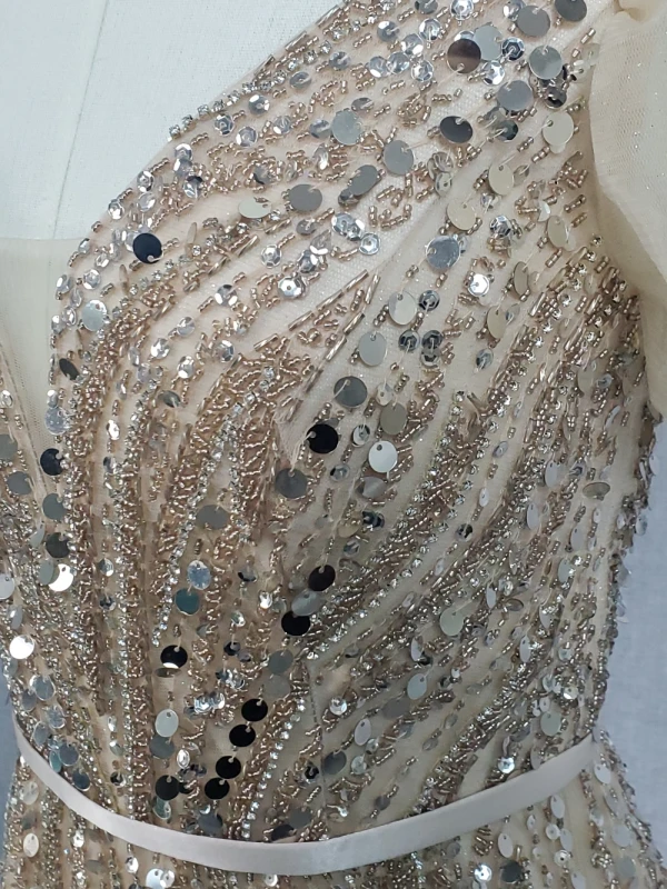 Charming Champagne Beading Sequins Prom Dresses 2024 A-Line / Princess V-Neck Short Sleeve Backless Bow Sash Floor-Length / Long Prom Formal Dresses