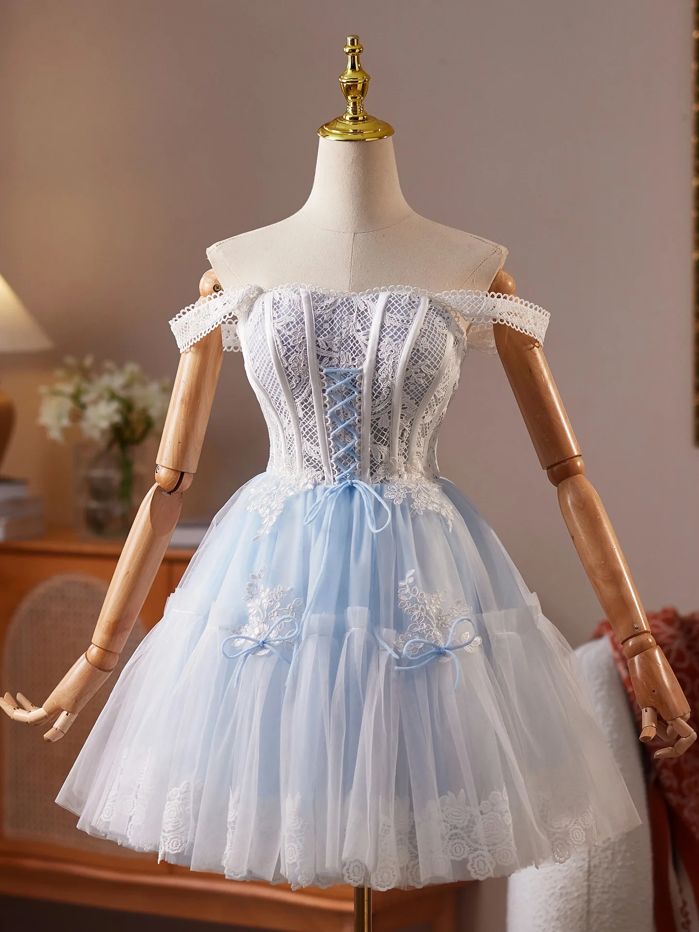 slim fit dress slacks A Line Round Neck Short Blue Prom Dress with White Lace, Lace Formal D –  jbydress main image 0