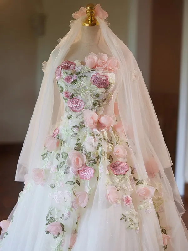 Flower Fairy White Lace Flower Appliques Wedding Dresses 2024 Ball Gown Strapless Sleeveless Backless Crossed Straps Court Train Wedding Flower Fairy White Lace Flower Appliques Wedding Dresses 2024 Ball Gown Strapless Sleeveless Backless Crossed Straps Court Train Wedding