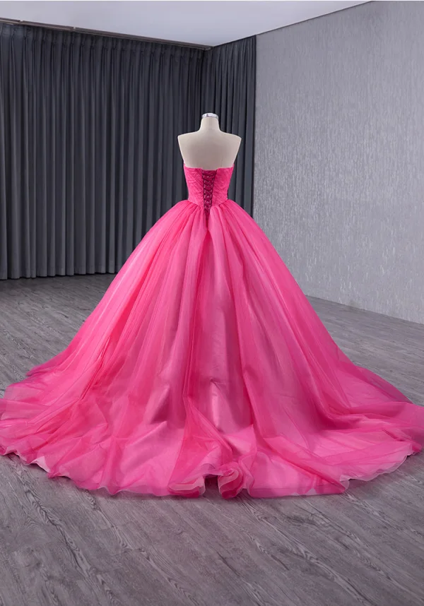 Fashion Fuchsia Cascading Ruffles Prom Dresses Ball Gown 2024 Strapless Sleeveless Backless Floor-Length / Long Prom Formal Dresses