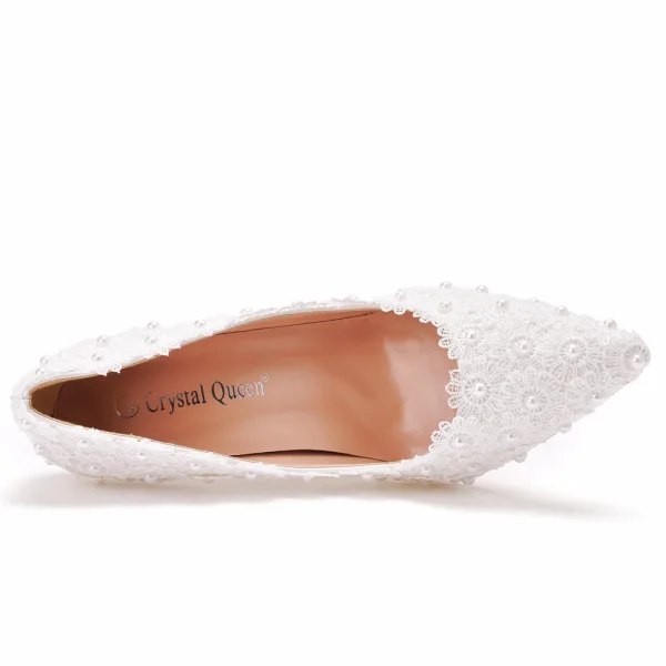 Elegant White Pearl Lace Flower Wedding Shoes 2022 9 cm Stiletto Heels Pointed Toe Wedding Pumps High Heels