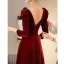 Elegant Burgundy Suede Prom Dresses 2024 A-Line / Princess V-Neck Long Sleeve Backless Floor-Length / Long Prom Formal Dresses
