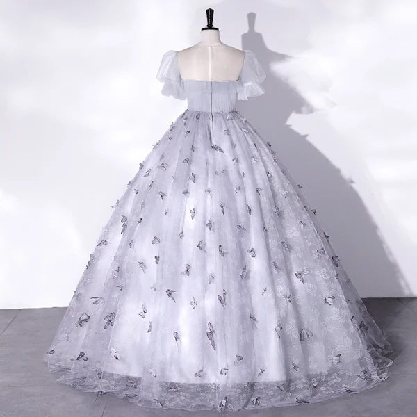Elegant Grey Butterfly Prom Dresses 2022 Ball Gown Scoop Neck Puffy Short Sleeve Floor-Length / Long Prom Formal Dresses