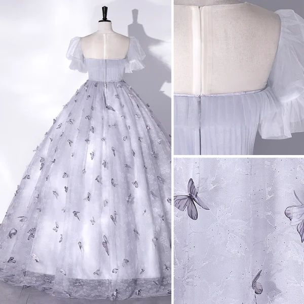 Elegant Grey Butterfly Prom Dresses 2022 Ball Gown Scoop Neck Puffy Short Sleeve Floor-Length / Long Prom Formal Dresses