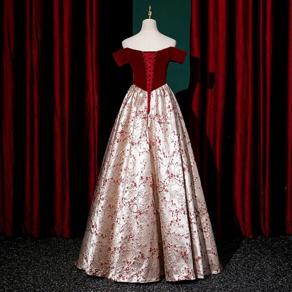 Fashion Burgundy Rhinestone Printing Evening Dresses 2023 A-Line / Princess Off-The-Shoulder Short Sleeve Backless Bow Floor-Length / Long Evening Party Formal Dresses