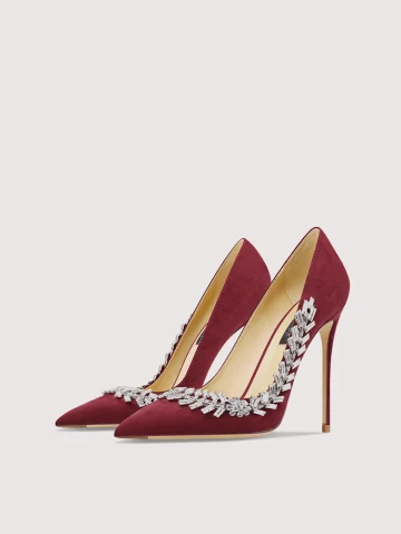 Chic Belle Bordeaux Soirée Faux Diamant Escarpins 2024 Cuir 10 Cm Talons Aiguilles À Bout Pointu Talons Hauts