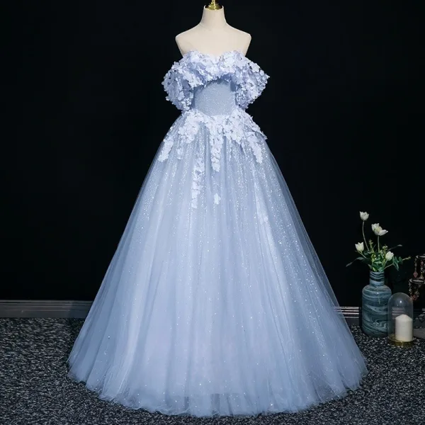 Chic / Beautiful Sky Blue Appliques Prom Dresses A-Line / Princess 2025 Off-The-Shoulder Short Sleeve Backless Floor-Length / Long Formal Dresses