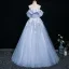 Chic / Beautiful Sky Blue Appliques Prom Dresses A-Line / Princess 2025 Off-The-Shoulder Short Sleeve Backless Floor-Length / Long Formal Dresses
