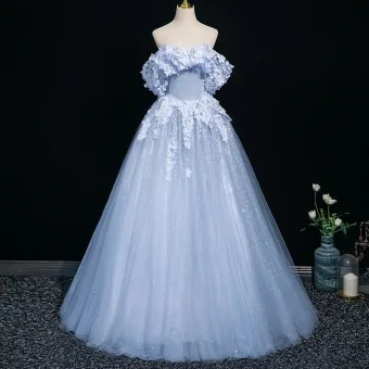 Piękne Błękitne Aplikacje Sukienki Na Bal Princessa 2025 Przy Ramieniu Kótkie Rękawy Bez Pleców Długie Sukienki Wizytowe
