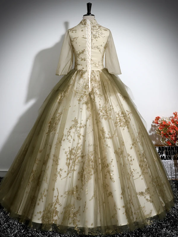Elegant Khaki Beading Sequins Embroidered Prom Dresses 2024 Ball Gown High Neck 1/2 Sleeves Floor-Length / Long Prom Formal Dresses