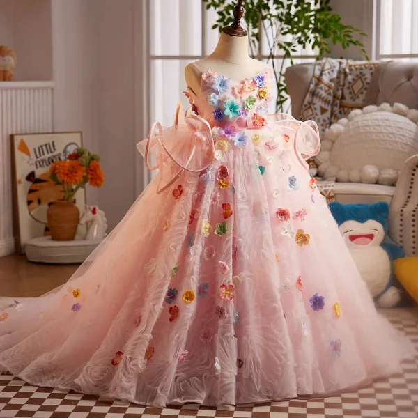 Lovely Flower Fairy Multi-Colors Appliques Blushing Pink Birthday Flower Girl Dresses 2025 Ball Gown Spaghetti Straps Sleeveless Backless Sweep Train