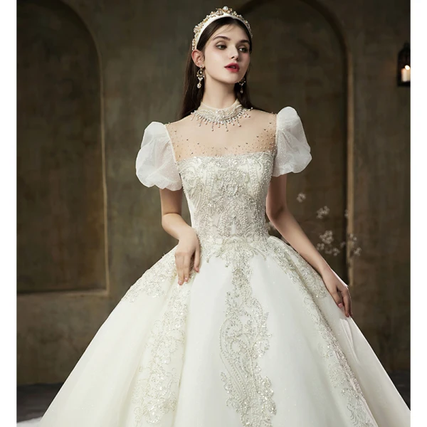 High End Vintage Ivory / Creme Perlenstickerei Perle Strass Brautkleider / Hochzeitskleider 2022 Ballkleid Rundhalsausschnitt Kurze Ärmel Rückenfreies Königliche Schleppe Hochzeit