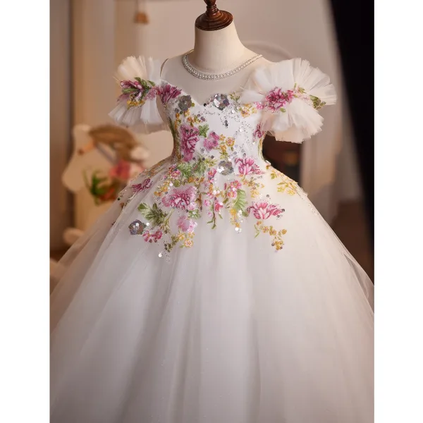 Fancy White Sequins Lace Flower Birthday Flower Girl Dresses 2025 Ball Gown Off-The-Shoulder Short Sleeve Backless Floor-Length / Long Tulle