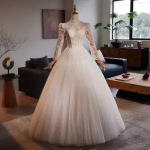 Vintage Originale Blanche En Dentelle Fleur Robe De Mariée 2024 Robe Boule Col Haut Manches Longues Dos Nu Noeud Longue Mariage