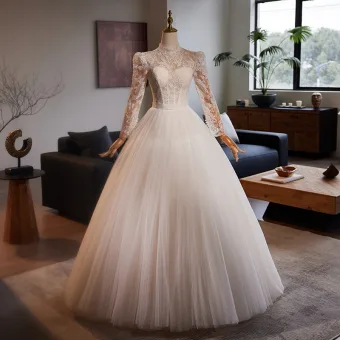 Vintage Retro White Lace Flower Wedding Dresses 2024 Ball Gown High Neck Long Sleeve Backless Bow Floor Length Long Wedding