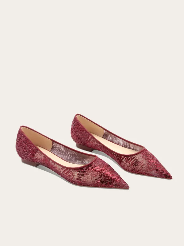 Mooie / Prachtige Bordeaux Pailletten Platte Bruidsschoenen 2025 Leer Spitse Neus
