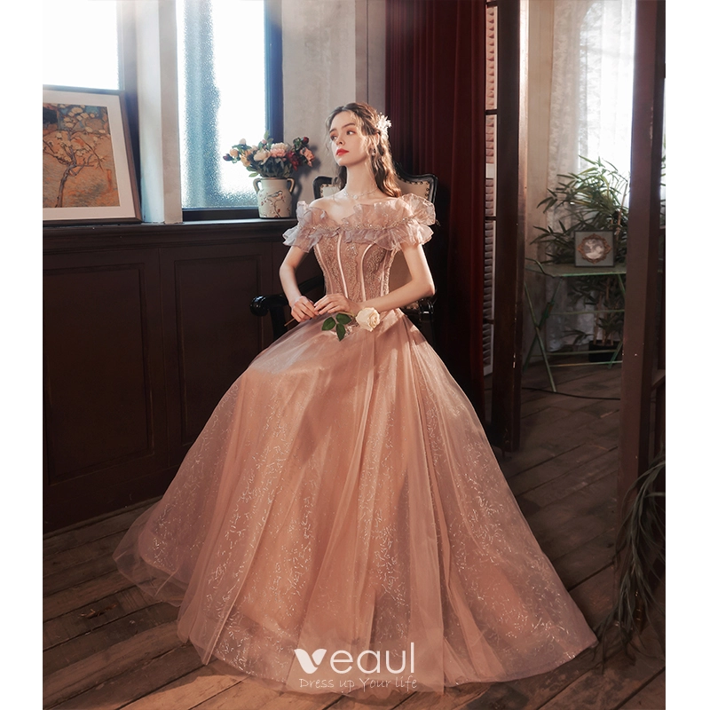 Elegant Nude Prom Dresses 2022 A Line Princess Ruffle Off The Shoulder Short Sleeve Backless Beading Sequins Floor Length Long Prom Formal Dresses Elegant Nude Prom Dresses 2022 A Line Princess Ruffle Off The Shoulder Short Sleeve Backless Beading Sequins Floor Length Long Prom Formal Dresses