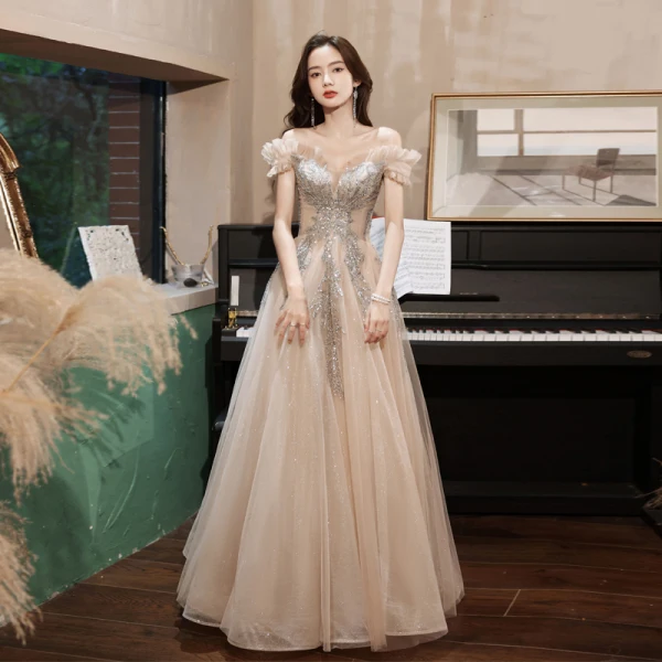 Charmant Scintillantes Kaki Paillettes Robe De Bal 2022 Princesse Volants De l'épaule Perlage Manches Courtes Dos Nu Longue Robe De Ceremonie