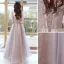 Chic / Beautiful Lavender Rhinestone Prom Dresses 2022 A-Line / Princess Square Neckline Puffy Short Sleeve Backless Floor-Length / Long Formal Dresses