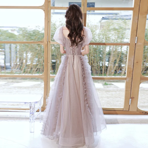 Chic / Beautiful Lavender Rhinestone Prom Dresses 2022 A-Line / Princess Square Neckline Puffy Short Sleeve Backless Floor-Length / Long Formal Dresses