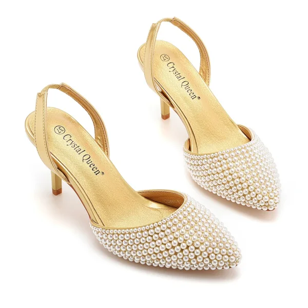 Charming White Pearl Wedding Shoes 2023 7 cm Stiletto Heels Pointed Toe Wedding Sandals High Heels