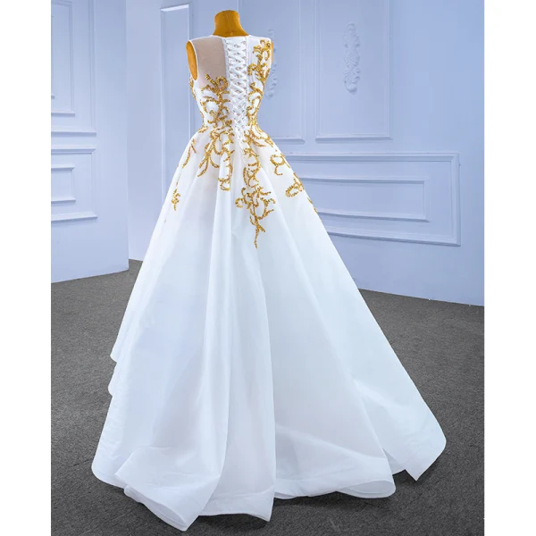 High-end White Pearl Sequins Asymmetrical Wedding Dresses 2022 A-Line / Princess Scoop Neck Sleeveless Wedding