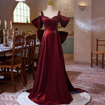 Chic Beautiful Burgundy Satin Prom Dresses 2024 A Line Princess Square Neckline Short Sleeve Backless Bow Sweep Train Prom Formal Dresses