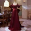 Chic / Belle Bordeaux Satin Robe De Bal 2024 Princesse Encolure Carrée Manches Courtes Dos Nu Noeud Train De Balayage Promo Robe De Ceremonie