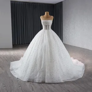 High End White Handmade Beading Sequins Wedding Dresses 2024 Ball Gown Scoop Neck Sleeveless Court Train Wedding