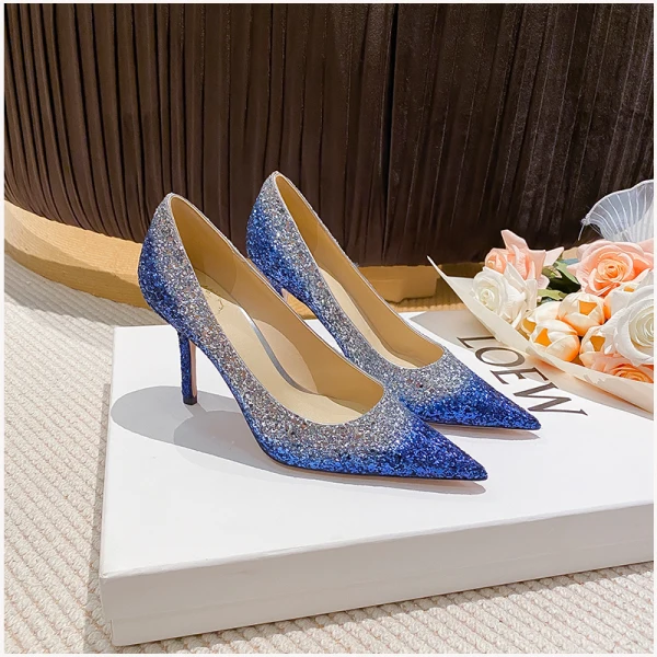 Sparkly Ocean Blue Sequins Evening Party Pumps 2023 Leather 8 cm Stiletto Heels Pointed Toe Pumps High Heels