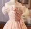 Chic / Beautiful Blushing Pink Pearl Appliques Short Homecoming Graduation Dresses 2026 Ball Gown Off-The-Shoulder Short Sleeve Backless Formal Dresses