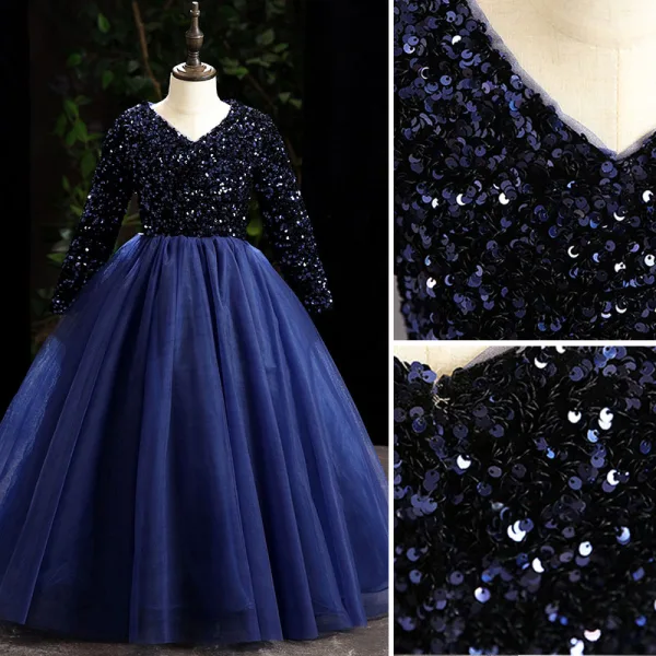 Vintage / Retro Navy Blue Sequins Flower Girl Dresses 2022 Ball Gown V-Neck Long Sleeve Floor-Length / Long Prom Flower Girl Dresses