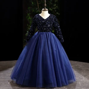 Vintage Retro Navy Blue Sequins Flower Girl Dresses 2022 Ball Gown V Neck Long Sleeve Floor Length Long Prom Flower Girl Dresses