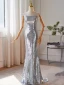 Sparkly Silver Sequins Prom Dresses 2024 Trumpet / Mermaid Strapless Short Sleeve Backless Floor-Length / Long Prom Formal Dresses