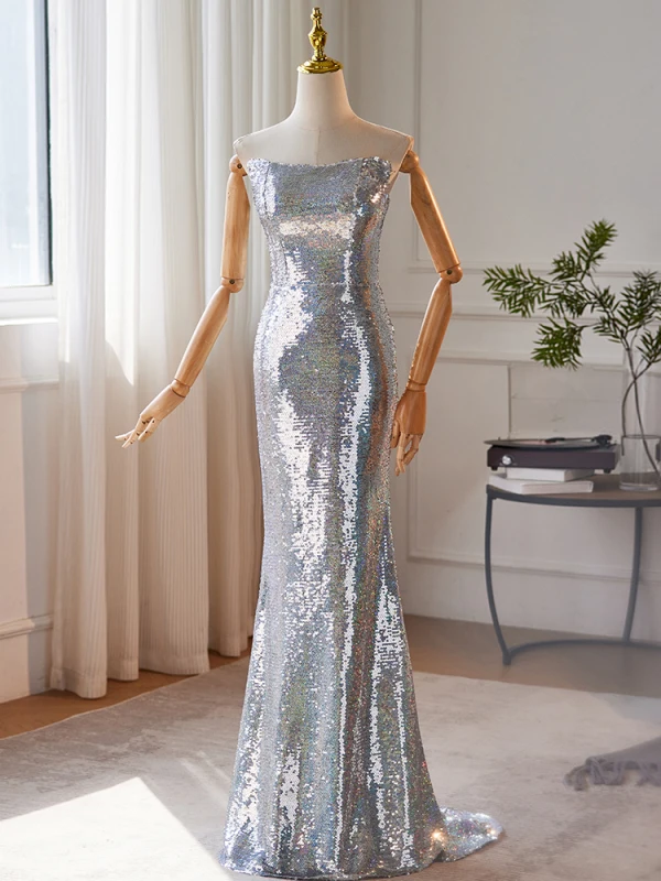 Glitzernden Silber Pailletten Abendkleider 2024 Meerjungfrau Bandeau Rüschen Kurze Ärmel Rückenfreies Sweep / Pinsel Zug Abend Festliche Kleider