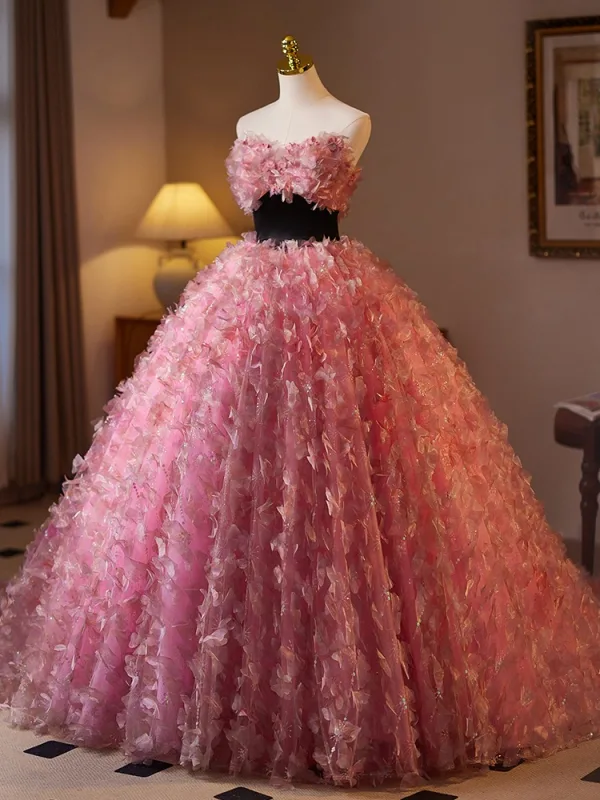 Flower Fairy Candy Pink Appliques Prom Dresses 2025 Ball Gown Strapless Sleeveless Backless Tea-length Tulle Prom Formal Dresses