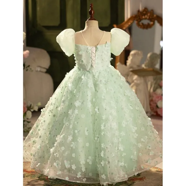 Chic / Beautiful Sage Green Appliques Birthday Flower Girl Dresses 2024 Ball Gown Scoop Neck Puffy Short Sleeve Backless Floor-Length / Long