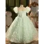 Chic / Beautiful Sage Green Appliques Birthday Flower Girl Dresses 2024 Ball Gown Scoop Neck Puffy Short Sleeve Backless Floor-Length / Long