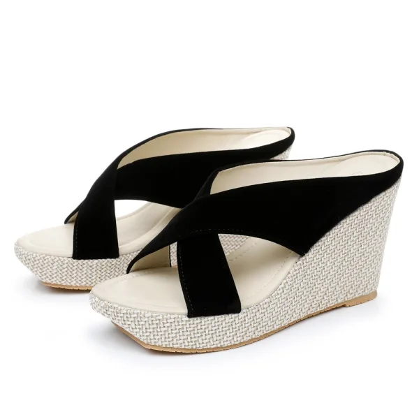 Fashion Black Beach Street Wear Pierced Womens Sandals 2024 9 cm Wedges Open / Peep Toe Sandals High Heels