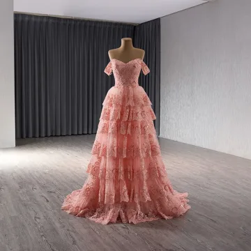 High End Blozen Roze Kant Bloem Pailletten Cascading Ruches Galajurken 2024 Baljurk Uit De Schouder Korte Mouwen Ruglooze Sweep Trein Gala Gelegenheid Jurken
