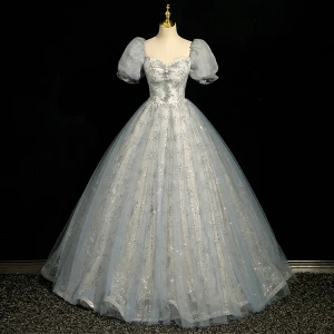 Schöne Grau Perle Strass Pailletten Ballkleider 2023 Ballkleid Eckiger Ausschnitt Geschwollenes Kurze Ärmel Rückenfreies Lange Ball Festliche Kleider