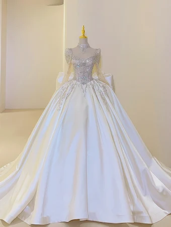 Vintage Originale Ivoire Perlage Faux Diamant Paillettes Satin Robe De Mariée 2024 Robe Boule Encolure Carrée Manches Longues Dos Nu Noeud Tribunal Train Mariage