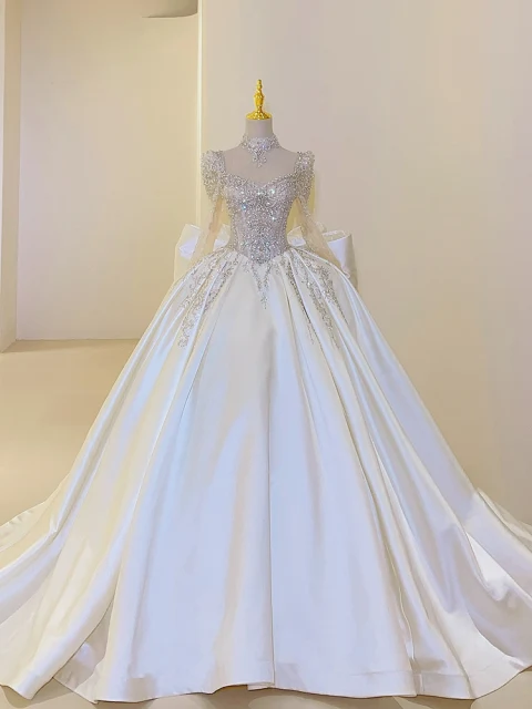 Vintage / Retro Ivory Beading Rhinestone Sequins Satin Wedding Dresses 2024 Ball Gown Square Neckline Long Sleeve Backless Bow Court Train Wedding